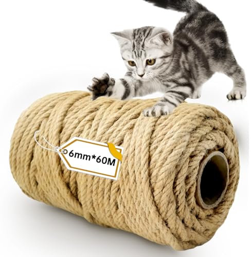 Corda Tiragraffi per Gatti, Corda Canapa 6mm X 60m, Corda per Tiragraffi per Gatti, Corda Sisal per Tiragraffi,Spago per Tiragraffi per Gatti,Spago per Decorazioni,Sisal Rope per Riparazione Sostituzi
