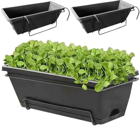 Geländerpflanzgefäße, 3pcs 17 Zoll Rechteck Fensterbox Pflanzer mit Entwässerungslöchern und -schalen, Harzblumenkästen mit hängenden Klammern für Fensterblatt Terrasse Gartendekor, Dunkelgrau