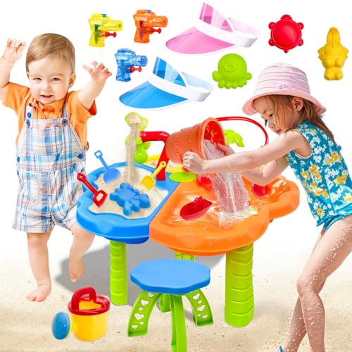 NlsqEU Table Eau Sable,Table Sable et Eau,33 pcs Jeu d'eau Enfant,Exterieur Enfant,Jeu d'eau Exterieur 3 en 1 d’Activité 3pcs Pistolet a Eau 2pcs Visière de Chapeau en Plastique