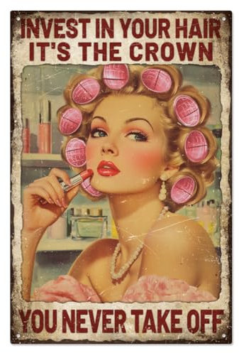 WADORN Vintage Salon Friseur Pin Up Lady Metall Blechschild, 20x30cm Lustiges Retro Blechschild 'Friseur/Frau Investieren Sie In Ihr Haar' Für Wand Kunst Poster Plakette Dekor Für Zuhause