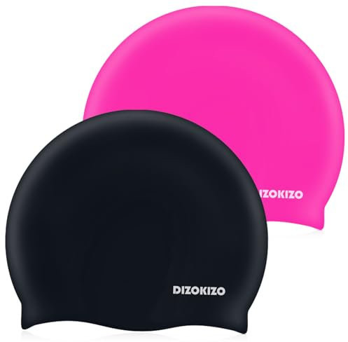 Dizokizo 2 gorros de natación de silicona de alta elasticidad para mujeres y hombres, cómodos gorros de natación antideslizantes para cabello largo y corto, sombreros de natación impermeables