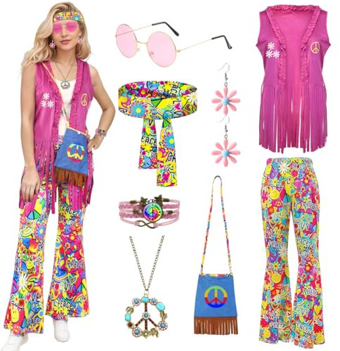 COYBTO Déguisement Hippie Femme - Année 60/70 avec Gilet Sans Manche Robe Boheme, Lunettes - Costume Disco pour Cosplay Carnaval Bal Masqué