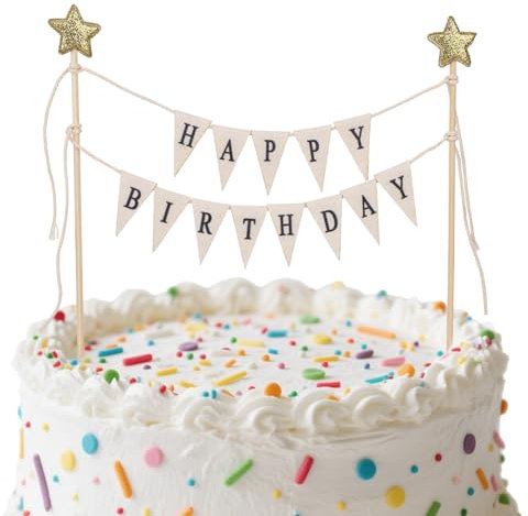 Gosknor Happy Birthday Flag Banner Cake Topper, Handmade Pennant & Star Garland Birthday Cake Flag Decoration for Party Decorations Supplies