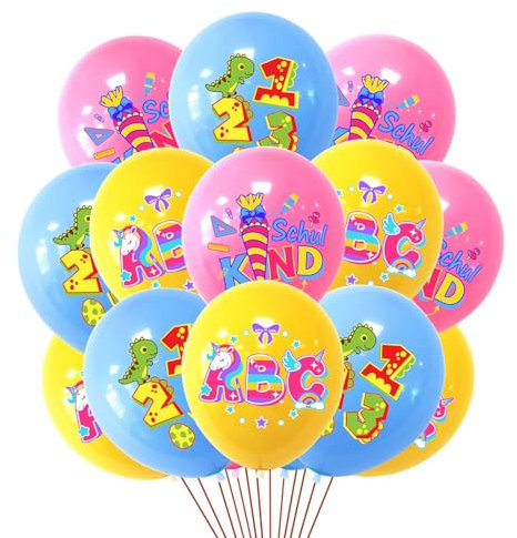 Tourima Schulanfang Luftballons Set,Einschulung Mädchen Junge Einschulung Deko 15 Stück, 30cm, Gelb Einhorn ABCSchulanfang Deko, Dinosaurier Blau 123,Rosa Schulanfang Deko