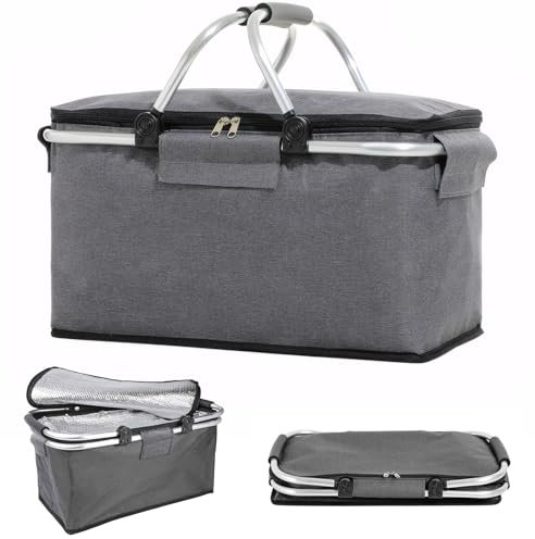 MriiVox Kühlkorb Einkaufskorb 18,5L, Faltbarer Picknickkorb, Isolierter Einkaufskorb mit Aluminiumrahmen, Kühltasche aus Oxford-Gewebe mit Reißverschluss, Thermotasche für Camping, Ausflug, Einkaufen
