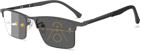 Lanomi Selbsttönende Gleitsichtbrille Halbrahmen Herren Damen Blaulichtfilter Metall Rechteck Progressive Multifokal Gleitsicht Lesebrille mit Photochrome Grau Linse