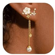 Gold Perlen Blumen Hängeohrringe,Süße lange Ohrringe im Retro-Stil,Exquisiter funkelnder Blumenschmuck,als Hochzeitsohrringe für Bräute & Brautjungfern, 14 K Gold Elegante Accessoire-Geschenke