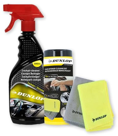 BM TOOLS Pack Nettoyant Cockpit Citron 500ml et Chiffon Microfibre Dunlop - Tableau de Bord Voiture, Parfum Frais, Nettoie Protège