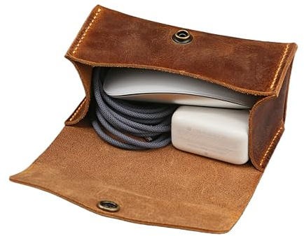 Vintage Leder Etui für Magic Mouse & MacBook Ladegerät, 14 × 7,5 × 7 cm | Vollnarbenleder, Patina Look, Druckknopf, handgenäht, für Maus, Ladegerät, Kabel, Adapter, Büro, Reise