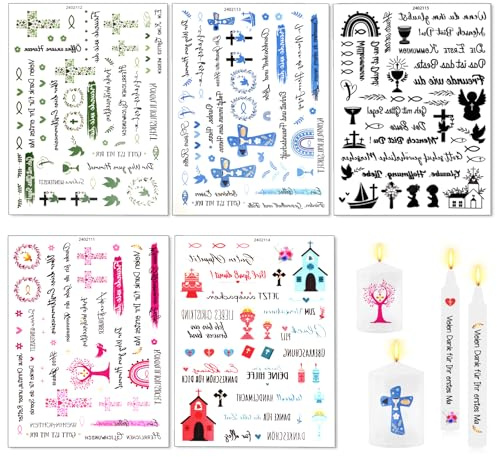 Kerzentattoos Kommunion, 5 Stück A5 Kerzen Tattoo Kommunion Kerzenfolie, Konfirmationskerze Aufkleber Deko, Wassertransferdruck Folie, DIY Kerzen Tattoo Deko für Konfirmation Oder Taufe