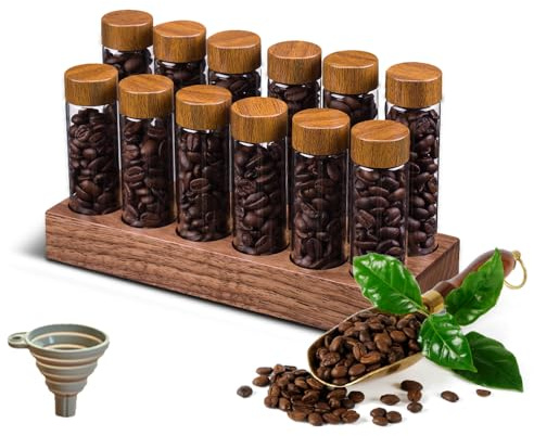 zolyet 12pcs Single Dose Borosilicate Glass Storage Tubes with Lids Wooden Display Stand Funnel - Coffee Bean Cellar Container for Countertop
