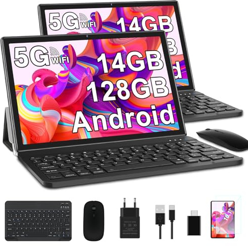 SUAAT Tablet Android da 10 pollici con 14 GB RAM + 128 GB ROM (2 TB TF), 5 G/2.4 G WiFi, Quad-Core, GPS, Bluetooth 5.0, 8 MP + 5 MP, tipo C, tablet touch con custodia, tastiera e mouse, colore: Nero