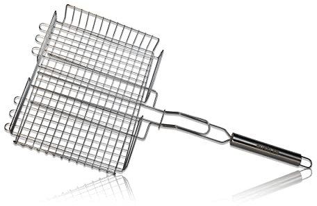 RUSTLER Grillkorb Fischhalter aus Edelstahl in Silber 25 x 31,5 x 5,5 cm Kochfläche, Aufhängeöse und höhenverstellbaren Grillnetz für Gemüse, Fisch und Fleisch