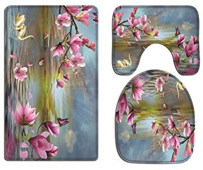 A.Monamour Badezimmer Badematte 3 Teilig Set Magnolienblume Schmetterling Schwan Reflexion In See Wasser Zen Natur Landschaft Flanell Saugfähig Badteppiche Badvorleger Badgarnitur WC Vorleger