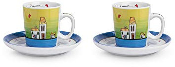 Egan Set 2 Tazze caffè con piattini Collezione Le Casette. Oggetto Realizzato in Porcellana di Colore Blu e Bianco e Multicolore. La referenza è PLC02/1B
