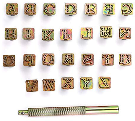 IGNPION Juego de 27 sellos de letras de cuero de 9,5 mm, kit de grabado en relieve de cuero, herramienta de perforación de tallado del alfabeto para bricolaje hecho a mano