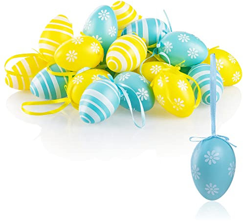 com-four® 24x Ostereier in bunten Farben mit Band zum Aufhängen - Dekoration zu Ostern mit verschiedenen Motiven - 6 cm