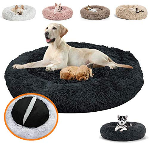 JRUI Rundes Orthopädisches Hundebett für Grosse Hunde & Extra Große Hunde, kuscheliges Hundekissen Donut plüsch Hundesofa hundekörbchen Flauschig Waschbar - Schwarz 80cm