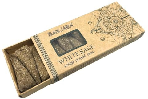 Conos Incienso de Piramide Banjara Smudge - Natural - Orgánico - Hecho a Mano - Hecho en India - 1 cajetilla de 10 piramides (Salvia Blanca)