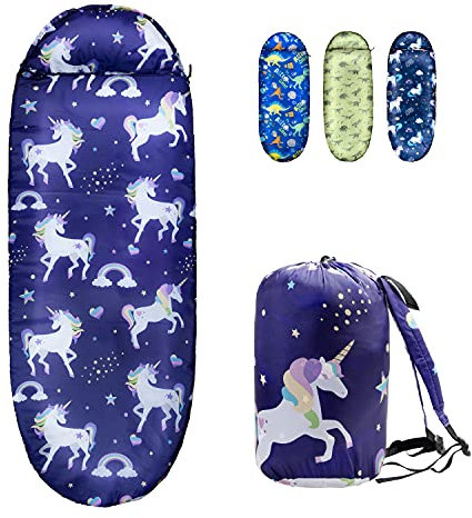 Keyoung Kinder-Schlafsäcke für Mädchen - Einhorn Rainbow Star - Rioyalo YOLO 45 Camping Schlafsäcke für Kinder mit Tragetasche - Outdoor und Indoor (Einhorn-PL)