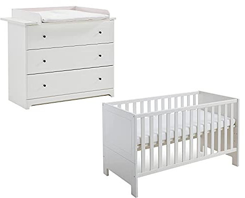 arthur berndt THILO Babyzimmer Sparset 2-teilig, Kinderbett (70 x 140 cm) und Wickelkommode mit Wickelaufsatz MDF Weiß - Made in Germany
