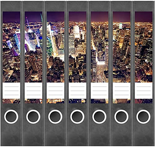 Etiketten für Ordner | Stadt Skyline New York | 7 Aufkleber für schmale Ordnerrücken | Selbstklebende Design Ordneretiketten Rückenschilder