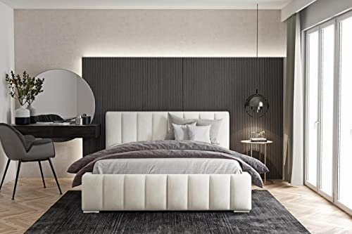 WFL GROUP Samtstoff Polsterbett Doppelbett Komplett 140x200 160x200 180x200 cm Bettgestell Mit Bettkasten Lattenrost und Kopfteil - Hydrophobe Stoff - Beige - 140 x 200 cm