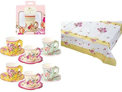 TalkingTablesVintage Floral Tea PartyPaper Cups and SaucersPack of 12Mixed Colours & Truly Scrumptious Tea Party Floral Table Cover Rectangular, Paper, Pink and Yellow, 180 x 120cm, 70 x 47