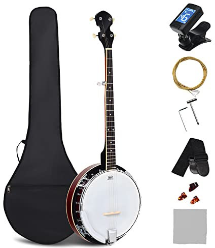 COSTWAY 5-string Banjo, 39 Inch Open/Closed Back Banjos Kit with 24 Bracket Remo Head, Digital Tuner, Spare Strings, Gig Bag, Picks, Strap & Wiper