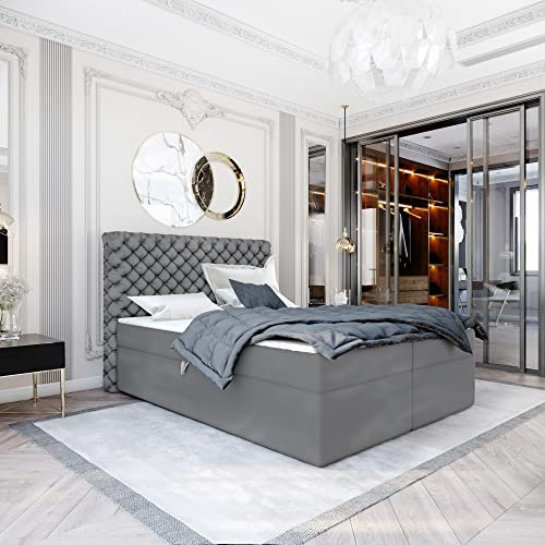 Boxspringbett Doppelbett EXFORD - 120x200cm Bett mit Bonellmatratze, mit Bettkasten für Bettwäsche und Topper. EIN Bett mit einem klassischen Chesterfield-Kopfteil. (Magic 2271, 180x200)