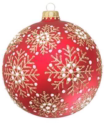 Krebs Glas Lauscha - Weihnachtsdekoration/Christbaumschmuck aus Glas - Weihnachtskugeln - Motiv: Rote Kugel mit Schneekristallen in weiß/Gold - Größe: 6 mal 8cm