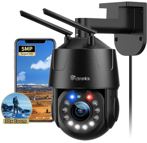Ctronics 5MP 30X Optical Zoom Metal CCTV Security Camera WiFi Outdoor 2.4/5Ghz, 360°View Surveillance Cameras with Auto Cruise & Zoom, 150m Color Night Vision,Human Detection,IP66