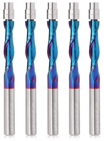 5PCS UP Cut Spiral Flush Trim Router Bit,1/4 Inch Shank 1-1/8 Inch Cutting Length Extra Long 3 Inch OVL,Carbide CNC Router Bit with Nano Coated for Triming (5)