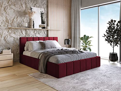 WFL GROUP Samtstoff Polsterbett Doppelbett Komplett 120x200 140x200 160x200 180x200 cm Slim Bettgestell Mit Bettkasten Lattenrost und Kopfteil - Hydrophobe Stoff - Samt Bett - Rot - 160 x 200 cm