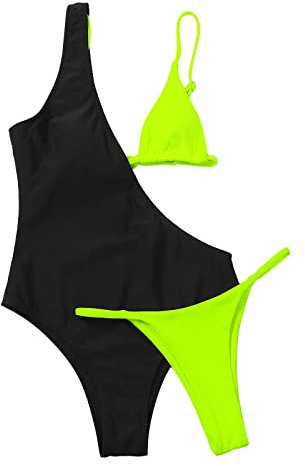 Costume Piscina Donna Intero con Zip Costume da Bagno da Donna in 2 Pezzi a Vita Alta in Rete con Scollo a Una Spalla Legare Sexy