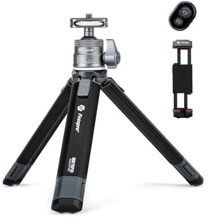 Fotopro Ausziehbares Mini-Kamera-Stativ, Aluminium-Legierung Handheld-Stativ mit Kugelkopf Telefonhalterung Universal Tablet Telefon Stativhalterung Bluetooth-Fernbedienung für Telefon DSLR-Kamera