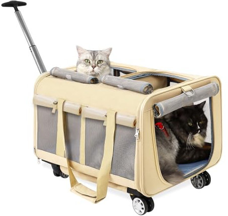 MR.BLACAT Katzen Trolley für 2 Katzen – Katze Transportbox groß mit Rollen für 2 Tiere – Transporttasche mit Rollen & Sicherheitsgurten für Reisen, Tierarzt & Camping (53x44x33 cm)