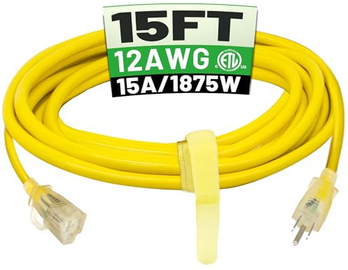 POWGRN 15 ft 12/3 Outdoor Extension Cord Waterproof Heavy Duty with Lighted Indicator End 12 Gauge 3 Prong, Flexible Cold-Resistant Long Power Cord Outside, 15Amp 1875W SJTW Yellow ETL Listed