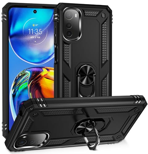 BestST Hülle für Motorola Moto E32 4G/Moto E32s Cover + HD schutzfolie, Armor Stoßfest TPU PC Schutzhülle Ringhalter Handytasche Case Handy Hüllen, Schwarz