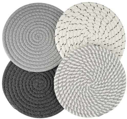 4 Pièces Dessous De Plat Ronds Tressés Tapis Porte Casseroles, sous Assiette Résistant À La Chaleur, sous Plat De Table Absorption De l'eau, 18Cm Dessous Plat pour La Cuisine Et La Pâtisserie, Gris