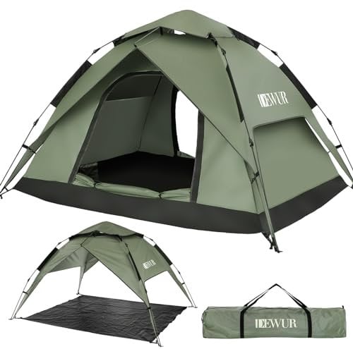 DEWUR Campingzelt 3-4 Personen Wasserdicht Pop Up Kuppelzelt Familie Zelt Strandzelt Pavillonzelt Schattenzelt Sonnen UV-Schutz für Trekking, Camping, Outdoor, Festival (Grün/4 Personen)