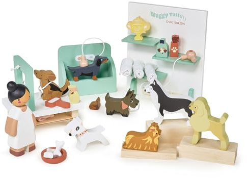 Tender Leaf Toys Waggy Tails Hundesalon – Interaktives Holzpflege-Set für Kinder – lustiges Rollenspiel – Verantwortung lernen, Feinmotorik verbessern – Geschenk