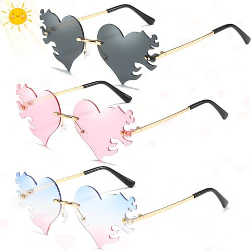 Herz Sonnenbrille, Sonnenbrille Party Unisex, Vintage Mode Herz Sonnenbrille, Herz Feuer Flamme Brillen für Damen und Herren mit UV-Schutz für Festivals und Reisen