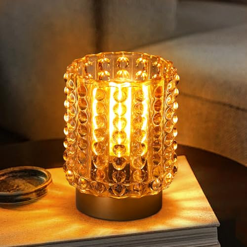 Battery Operated Lamp with Timer, Mini Crystal Table Lamps for Home Decor, Small Cordless Lamp for Areas No Outlets, Glass Battery Powered Lamps for Entryway, Bedroom, Bathroom, Shelf, Corner(Yellow)