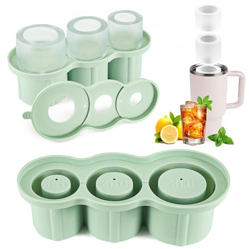 Ice Cubes Tray for Stanley, Cup Silicone Ice Cubes Tray Set with Lid and 3 Hollow Cylinder Freezer Tools for Home-Making Ice Grids for Cooling 20/30/40oz Drinks Coffee BPA Free (Green)