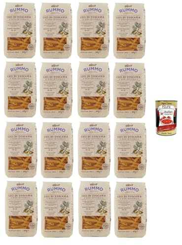 Italian Gourmet Penne Rigate pasta senza glutine aus Kichererbsen 16 x 300g | Mit braunem Reis, fonte di fibre, kurze Kochzeit, hält Saucen gut und, Gesamtnettogewicht 4,8 kg + Kostenlos Polpa 400g