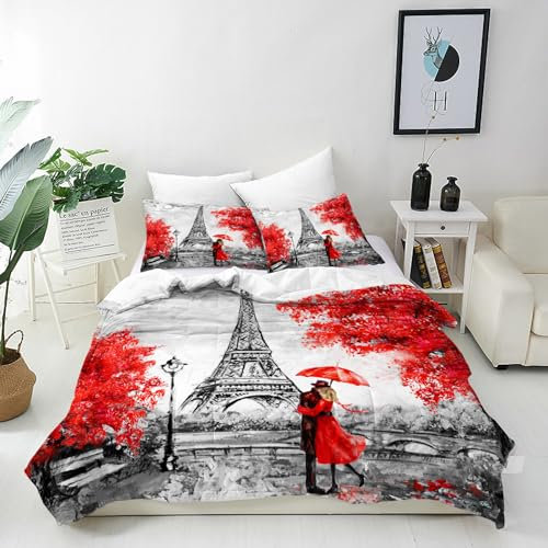 ANHOPE Ölgemälde Paris Eiffelturm Bettwäsche Set 3 Teilig Weich Bettbezug 200x220 cm & 2 Kissenbezug 80x80 cm Microfaser Bettbezüge Set mit Reißverschluss Bettdeckenbezug für Kinder Mädchen