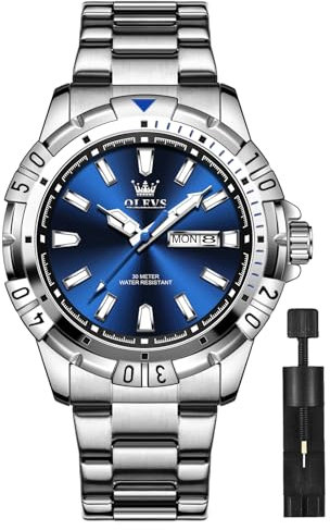 OLEVS Silber Uhr Herren Edelstahl mit Datum Business Kleid Armbanduhr Herren Wasserdicht Mode Metall Analog Herrenuhren Blau Zifferblatt Elegante Quarz Großes Uhren für Männer Leuchtend Geschenke