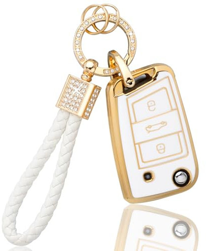 BLINGOOSE Coque de clé de voiture pour VW Volkswagen Golf 7 MK7 Polo Tiguan Touran T ROC Cross Taigo Accessoires 3 boutons Coque de protection Bling Keychain Girly Blanc Or TPU