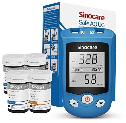 Sinocare AQ UG Medidor Glucosa en Sangre y Probador Ácido Úrico, Viene con 50 Tiras Prueba Glucosa en Sangre y 50 Tiras Prueba Ácido Úrico - mg/dL (Safe Kit 50+50)